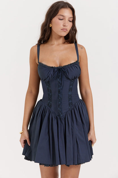 Da Donna Abito Mini Corpino Corsetto Orlo in Pizzo Svasato