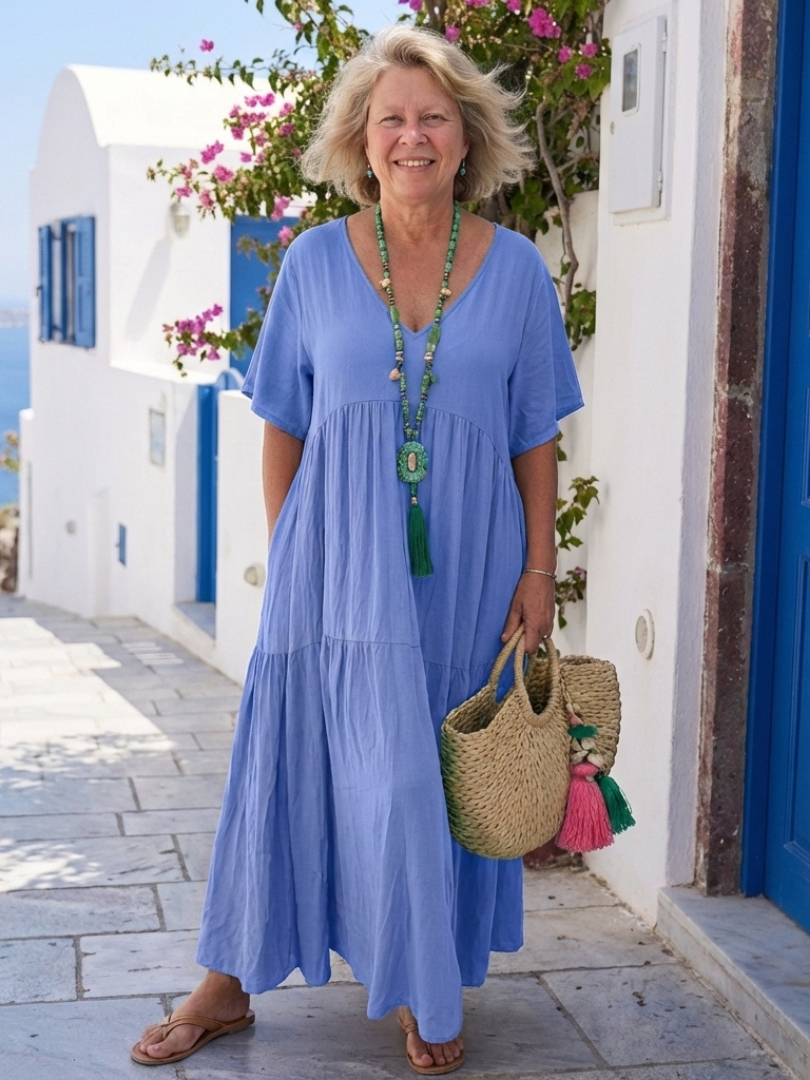 Da Donna Abito Maxi con Scollo a V e Gonna a Balze Morbida