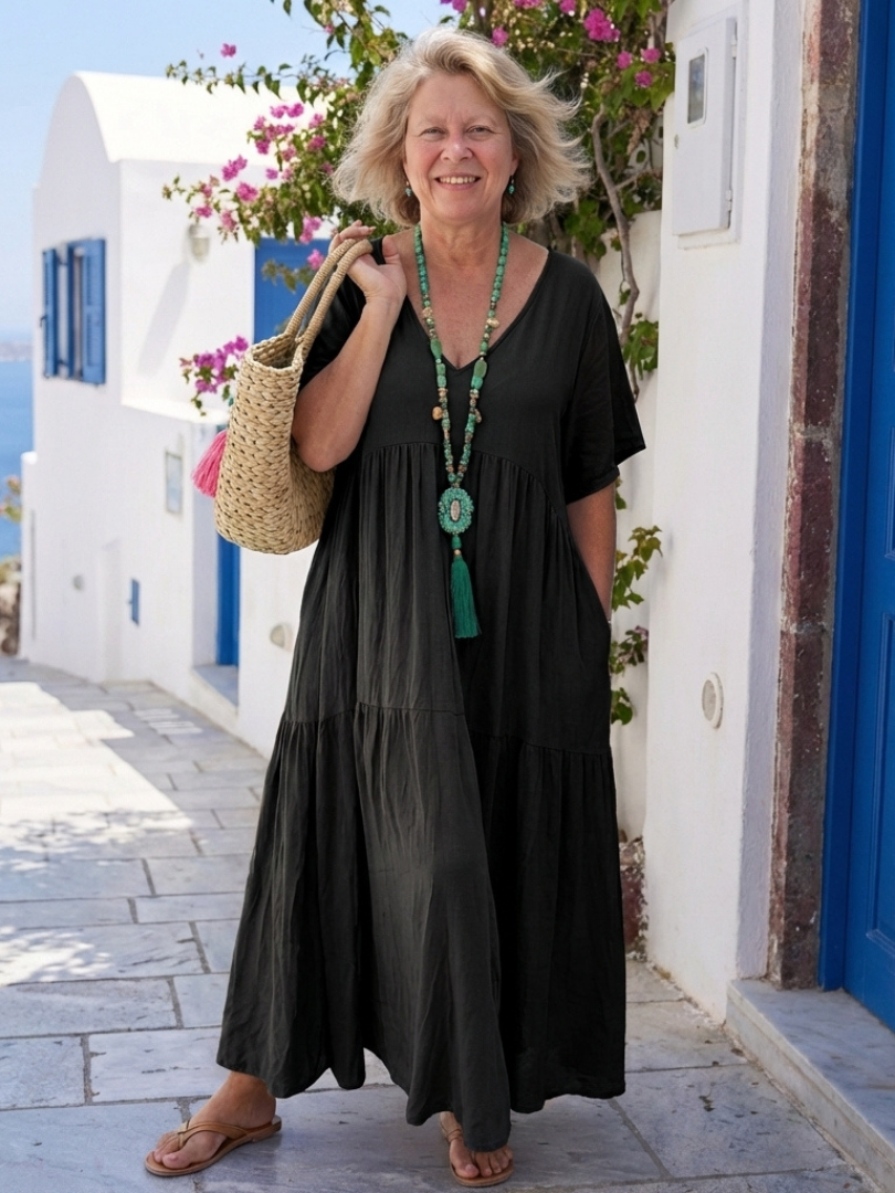 Da Donna Abito Maxi con Scollo a V e Gonna a Balze Morbida