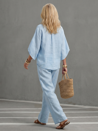 Da Donna Set Coordinato in Lino con Maniche Kimono e Gamba Dritta