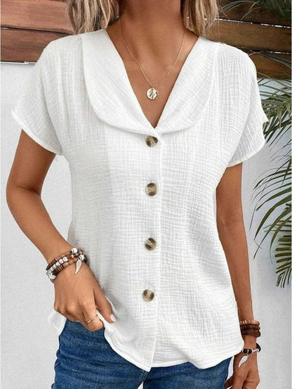 Da Donna Blusa con Colletto e Bottoni con Maniche Corte Testurizzate