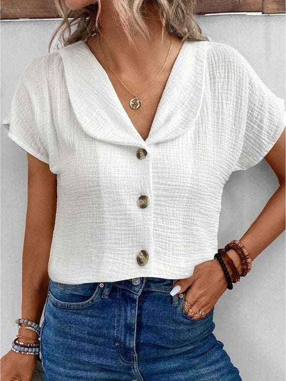 Da Donna Blusa con Colletto e Bottoni con Maniche Corte Testurizzate