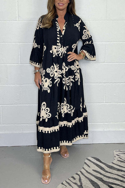 Da Donna Abito Maxi Stampato con Gonna a Balze e Maniche Ampie