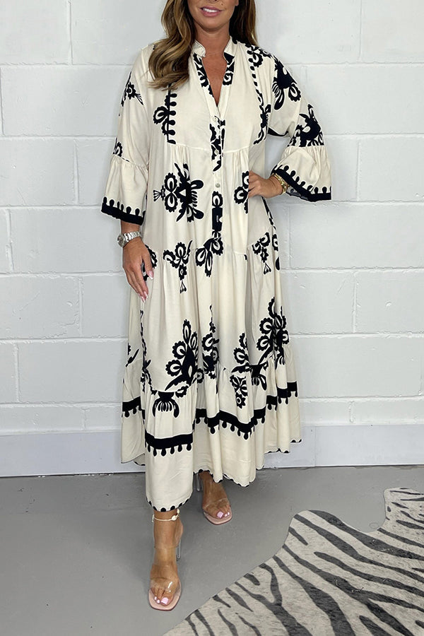Da Donna Abito Maxi Stampato con Gonna a Balze e Maniche Ampie