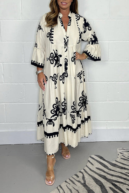 Da Donna Abito Maxi Stampato con Gonna a Balze e Maniche Ampie