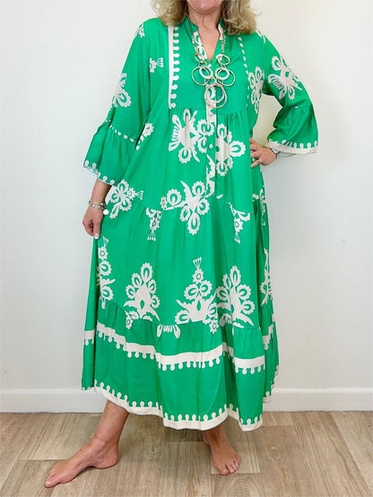 Da Donna Abito Maxi Stampato con Gonna a Balze e Maniche Ampie