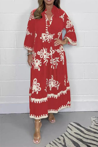 Da Donna Abito Maxi Stampato con Gonna a Balze e Maniche Ampie
