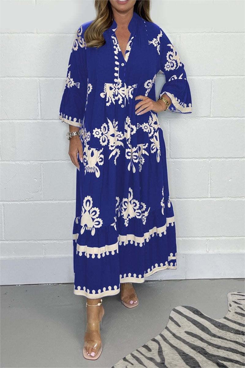Da Donna Abito Maxi Stampato con Gonna a Balze e Maniche Ampie