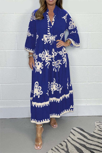 Da Donna Abito Maxi Stampato con Gonna a Balze e Maniche Ampie