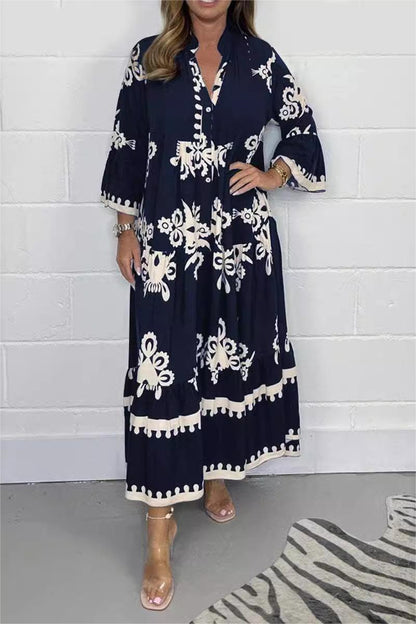 Da Donna Abito Maxi Stampato con Gonna a Balze e Maniche Ampie