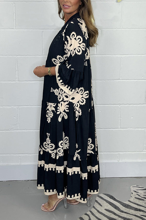 Da Donna Abito Maxi Stampato con Gonna a Balze e Maniche Ampie