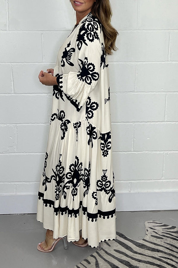 Da Donna Abito Maxi Stampato con Gonna a Balze e Maniche Ampie
