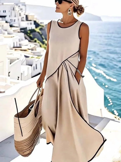 Da Donna Abito Maxi Smanicato con Gonna Ampia e Tasche