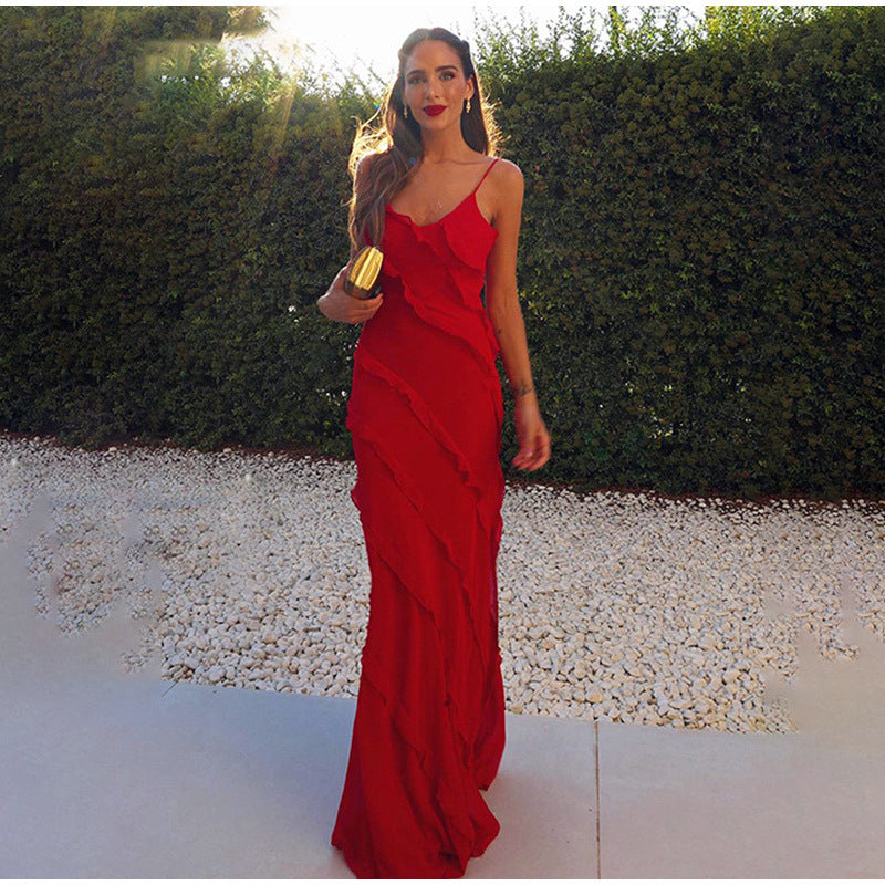 Da Donna Abito Maxi con Balze Decorative e Spalline Sottili