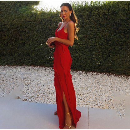 Da Donna Abito Maxi con Balze Decorative e Spalline Sottili
