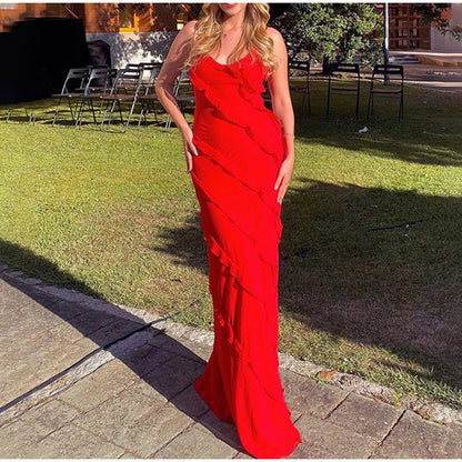 Da Donna Abito Maxi con Balze Decorative e Spalline Sottili