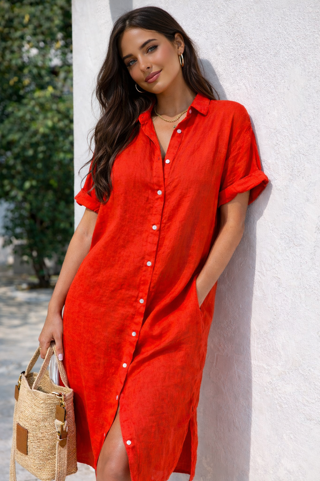 Da Donna Abito Camicia in Cotone con Bottoni e Vestibilità Morbida