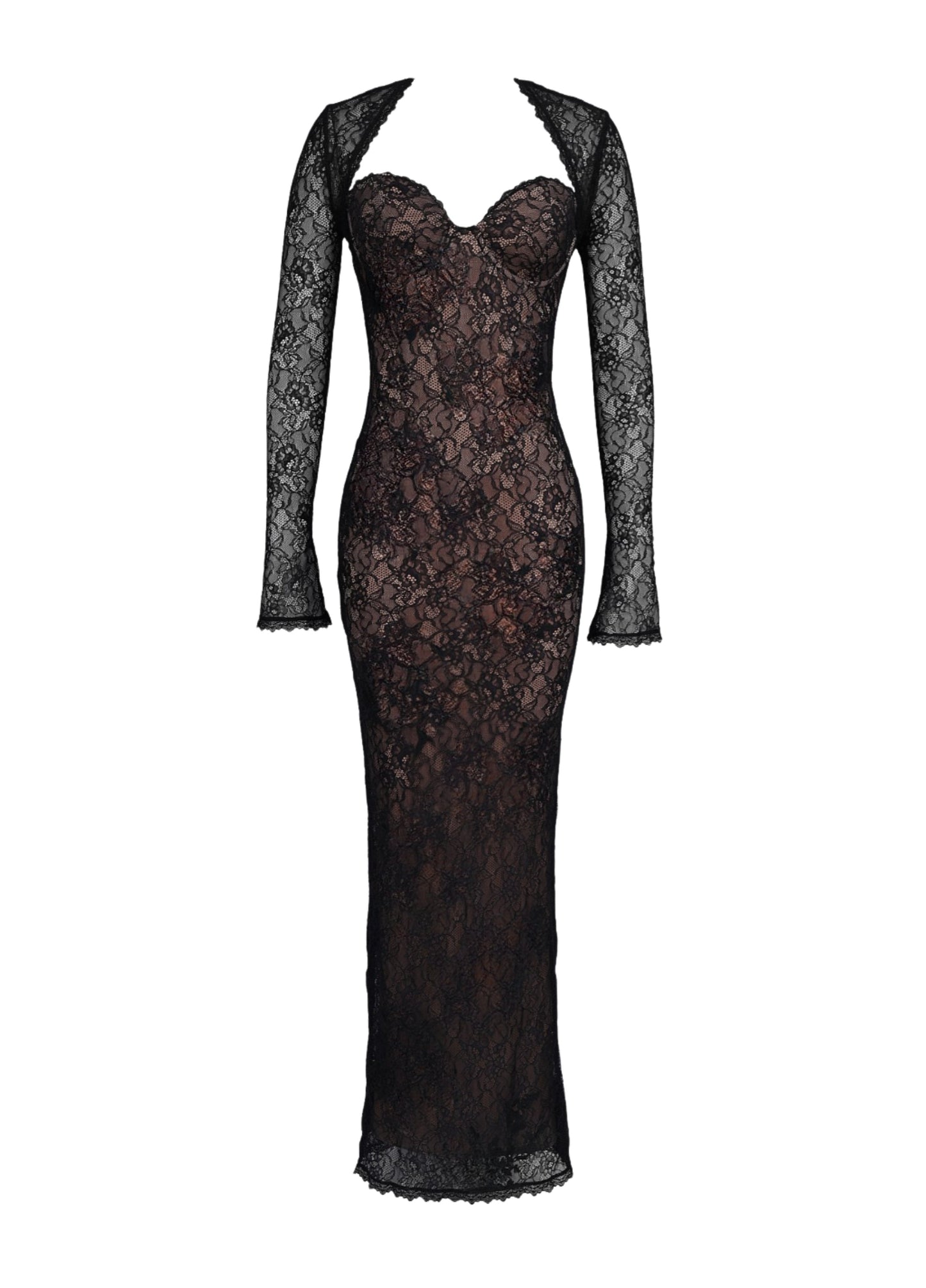 Da Donna Abito Maxi in Pizzo con Maniche Lunghe e Linea Aderente