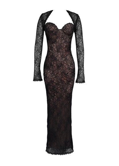 Da Donna Abito Maxi in Pizzo con Maniche Lunghe e Linea Aderente