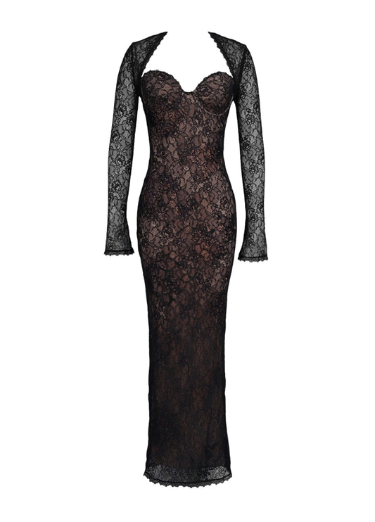 Da Donna Abito Maxi in Pizzo con Maniche Lunghe e Linea Aderente