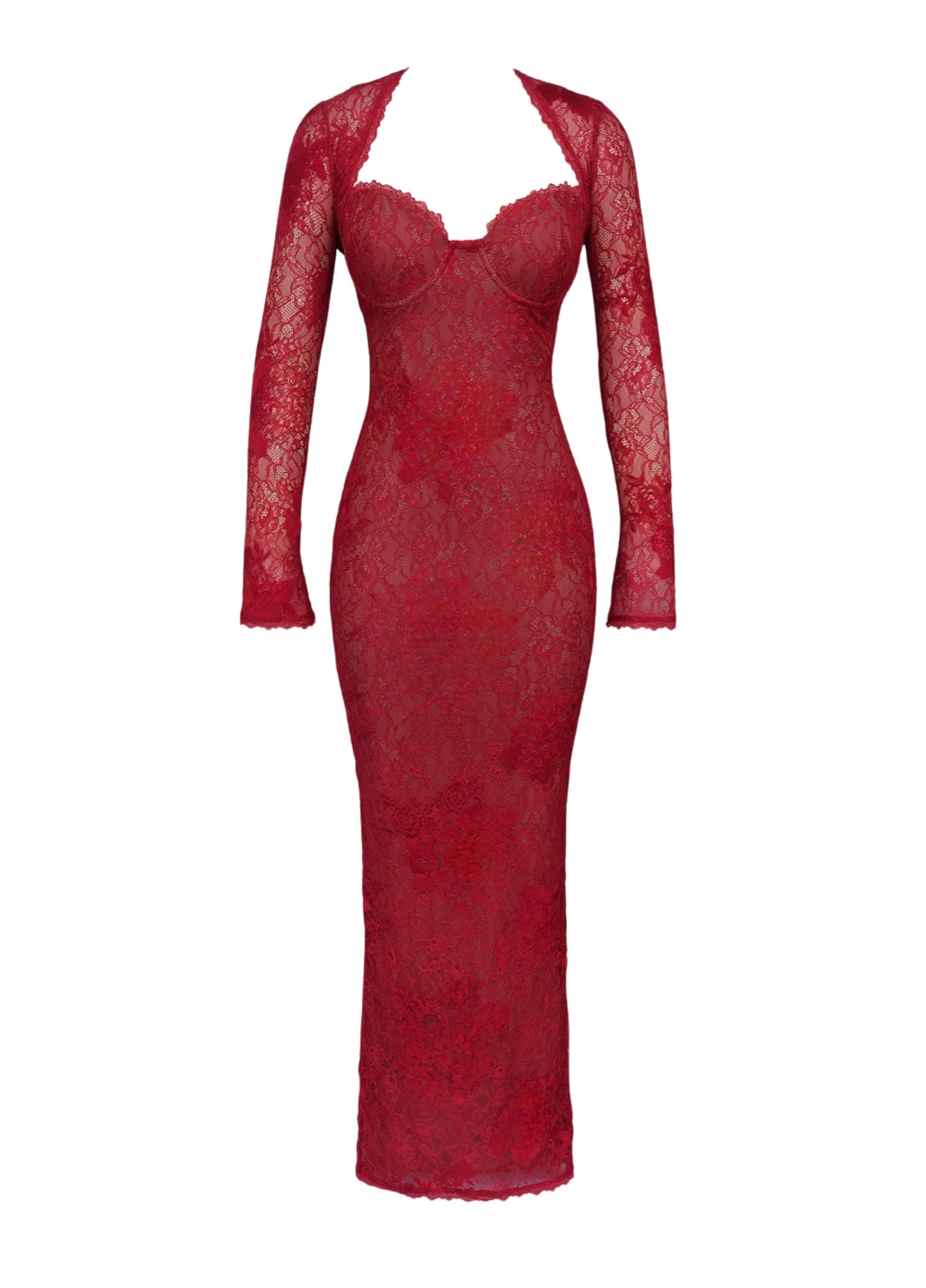 Da Donna Abito Maxi in Pizzo con Maniche Lunghe e Linea Aderente