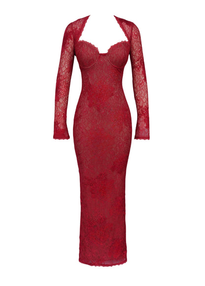 Da Donna Abito Maxi in Pizzo con Maniche Lunghe e Linea Aderente