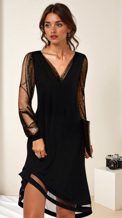 Da Donna Abito Corto Elegante con Scollo a V e Maniche Trasparenti