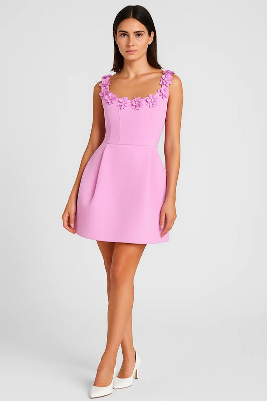 Da Donna Abito Mini a Trapezio con Scollo Quadrato e Bordo Floreale