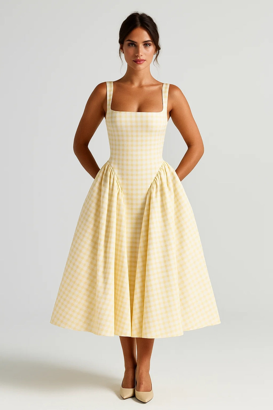 Da Donna Abito Midi Stampato con Scollo Quadrato e Gonna Ampia