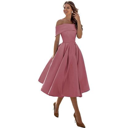 Da Donna Abito Midi Plissettato con Spalle Scoperte Silhouette a Trapezio