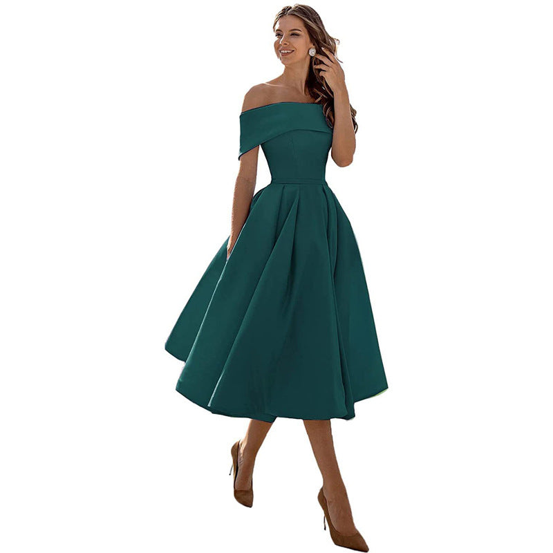 Da Donna Abito Midi Plissettato con Spalle Scoperte Silhouette a Trapezio