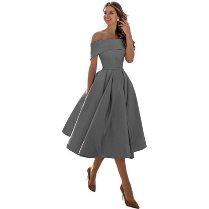 Da Donna Abito Midi Plissettato con Spalle Scoperte Silhouette a Trapezio