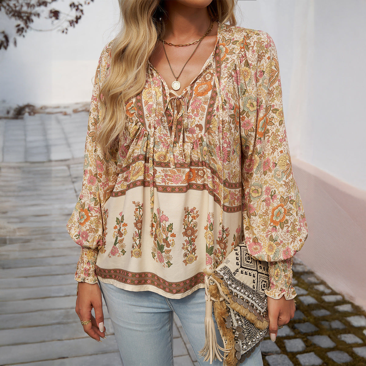 Da Donna Blusa Floreale Tie Front Linea Morbida Boho