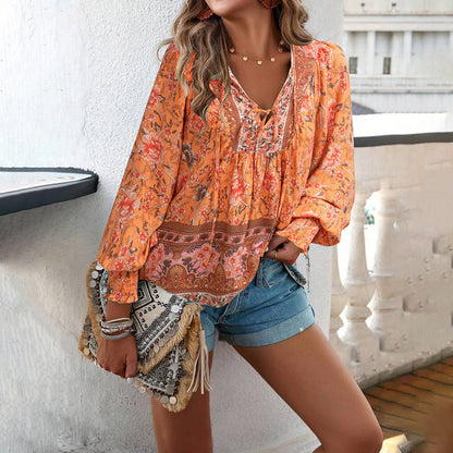 Da Donna Blusa Floreale Tie Front Linea Morbida Boho