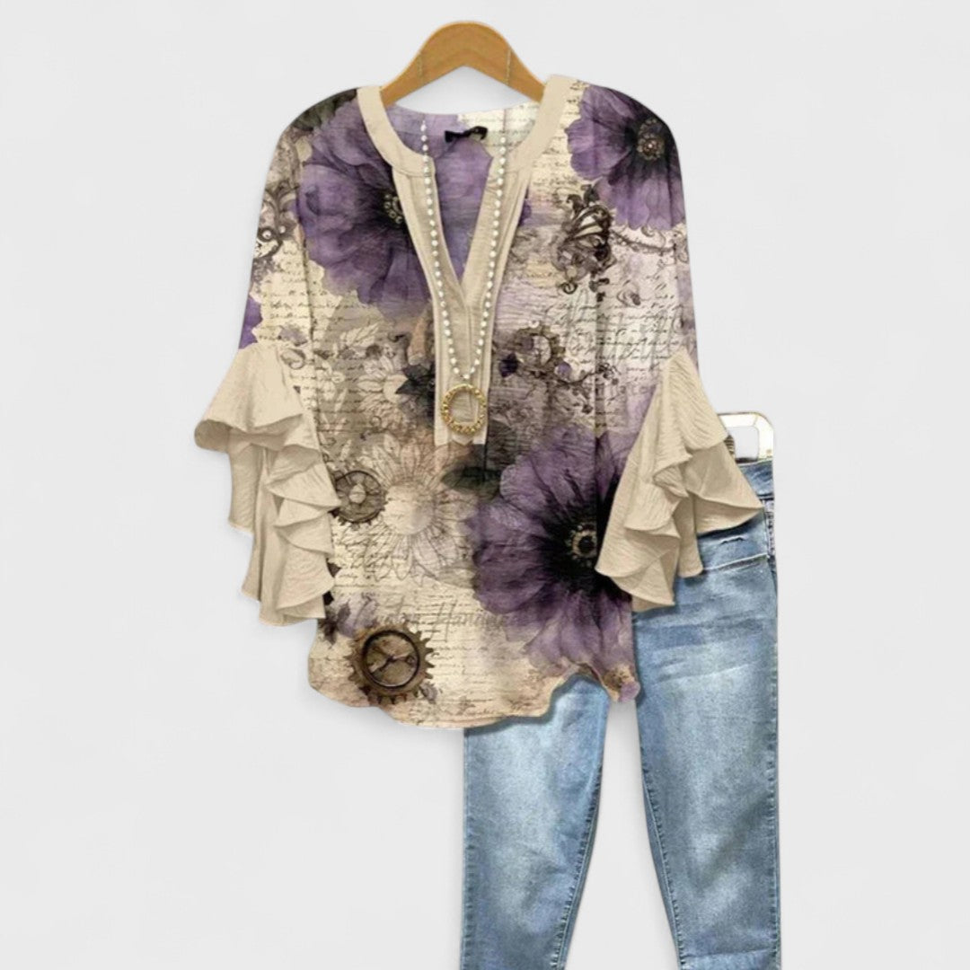 Da Donna Blusa Motivo Stampato Maniche Balze Relax Moderna