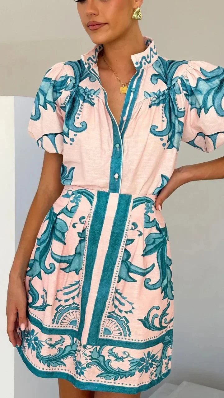 Da Donna Abito Mini Motivo Stampato Maniche Balze Eleganza Moderna