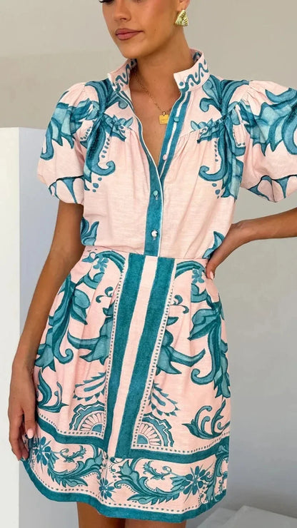 Da Donna Abito Mini Motivo Stampato Maniche Balze Eleganza Moderna