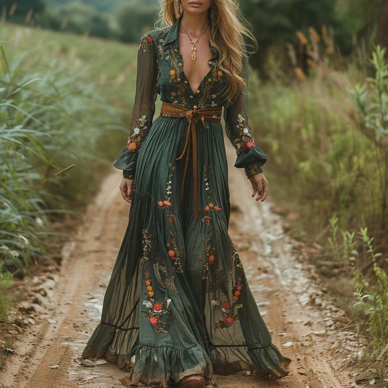 Da Donna Abito Maxi Ricami Maniche Velate Eleganza Moderna