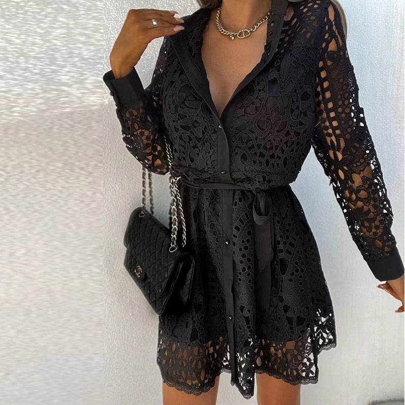 Da Donna Abito Pizzo Traforato Cintura Vita Eleganza Moderna