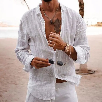 Da Uomo Camicia Casual Estiva in Lino a Maniche Lunghe