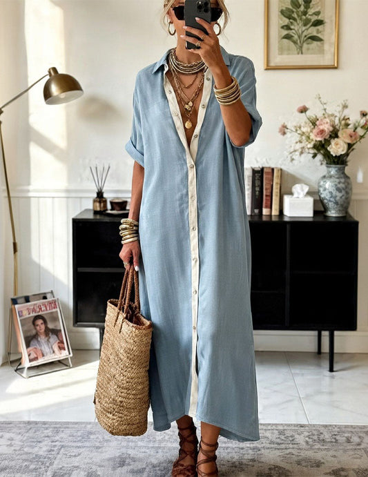Da Donna Abito Camicia Maxi Oversize con Abbottonatura a Contrasto