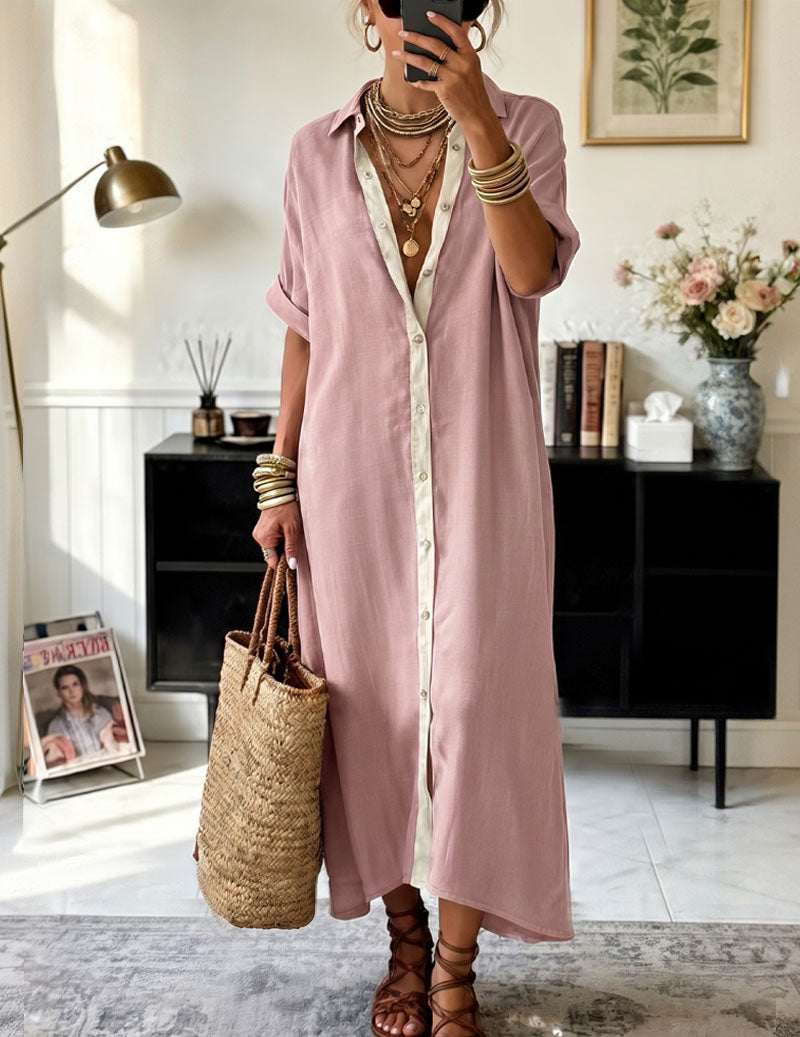 Da Donna Abito Camicia Maxi Oversize con Abbottonatura a Contrasto