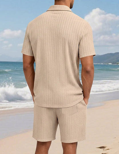 Da Uomo Set Camicia e Shorts Testurizzato con Dettaglio con Bottoni