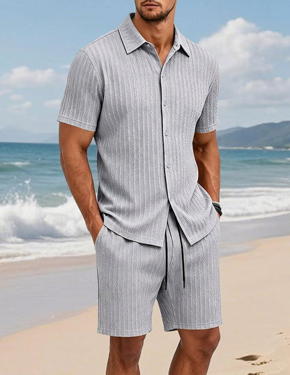 Da Uomo Set Camicia e Shorts Testurizzato con Dettaglio con Bottoni