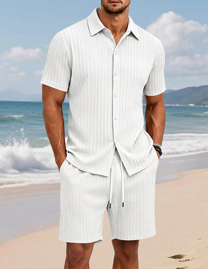 Da Uomo Set Camicia e Shorts Testurizzato con Dettaglio con Bottoni