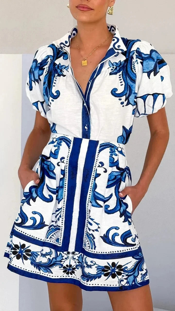 Da Donna Abito Mini Motivo Stampato Maniche Balze Eleganza Moderna