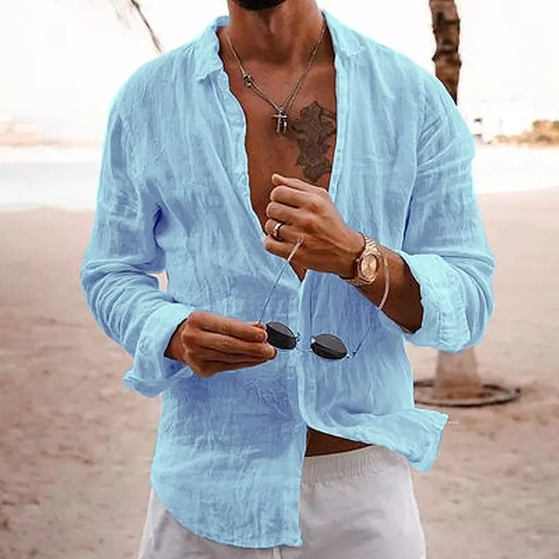 Da Uomo Camicia Casual Estiva in Lino a Maniche Lunghe