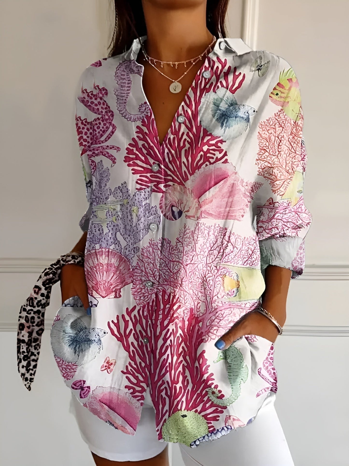 Da Donna Camicia Casual Stampata con Bottoni e Vestibilità Morbida