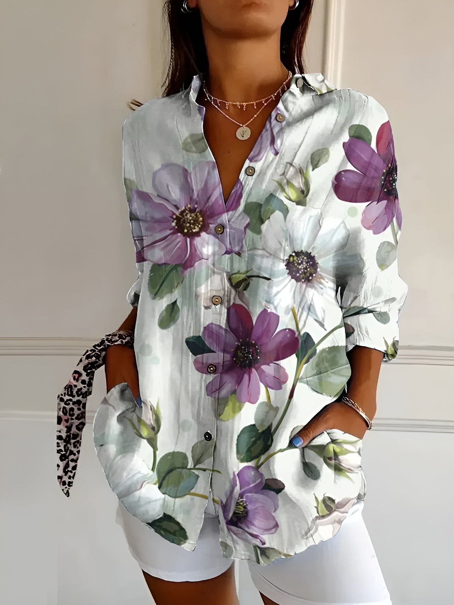 Da Donna Camicia Casual Stampata con Bottoni e Vestibilità Morbida