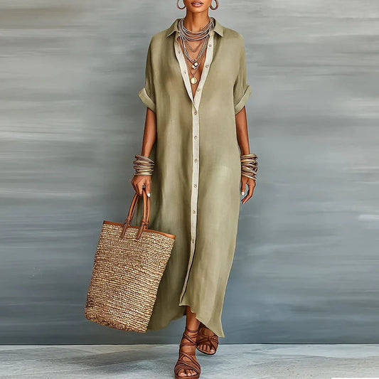 Da Donna Abito Camicia Maxi con Bottoni e Vestibilità Morbida